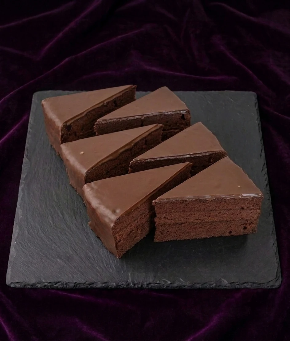Sacher Torta — Sacherový korpus s marhuľovým džemom, poliaty čokoládou