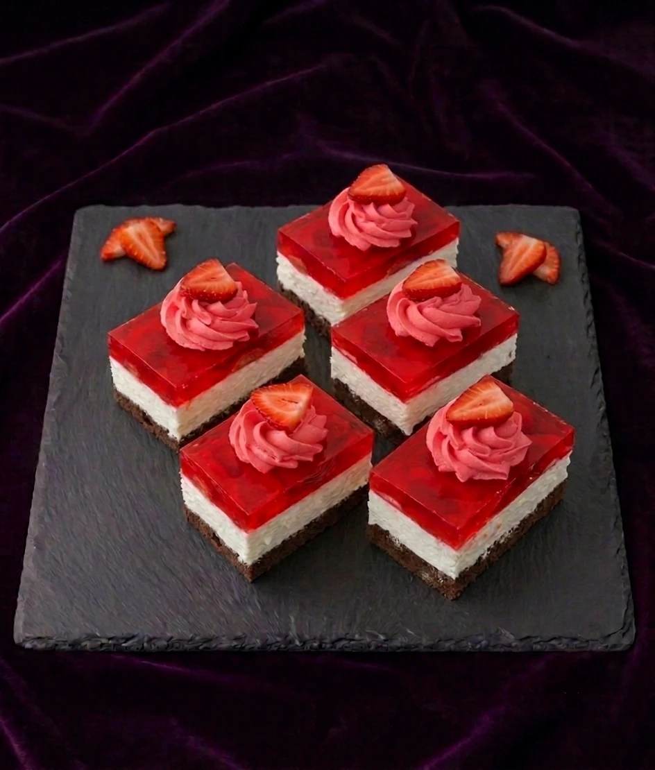 Mascarpone Kocka — Kakaový korpus s mascarpone krémom, ovocím a želatínou