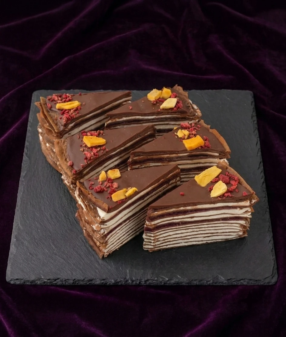 Palacinková Torta — Čokoládové palacinky s mascarpone krémom, poliate čokoládou a lyofilizovaným ovocím