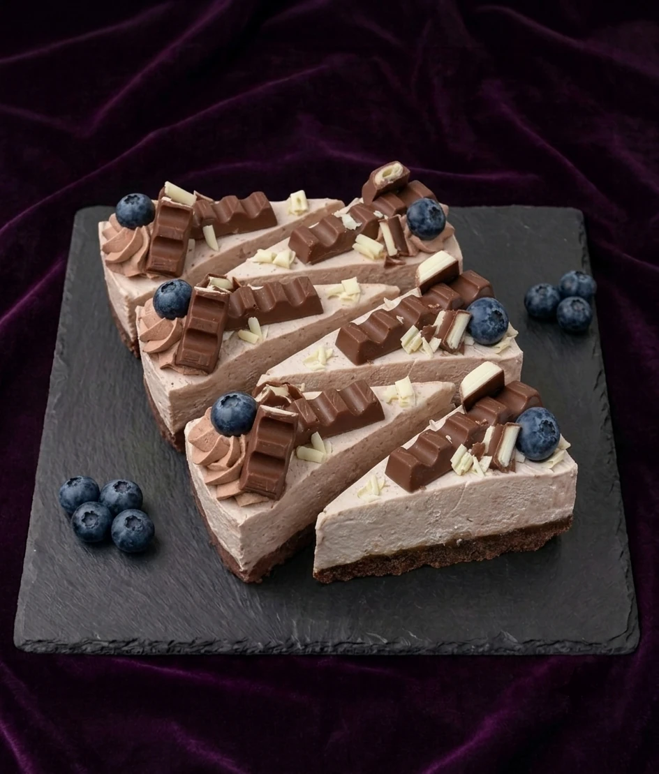 Cheesecake Kinder — Sušienkový korpus, Kinder mascarpone plnka, kúsky Kinder navrchu