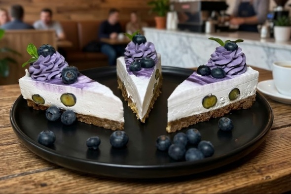 Cheesecake Čučoriedka — Cheesecake s čerstvými čučoriedkami a jemne nakyslou ovocnou omáčkou