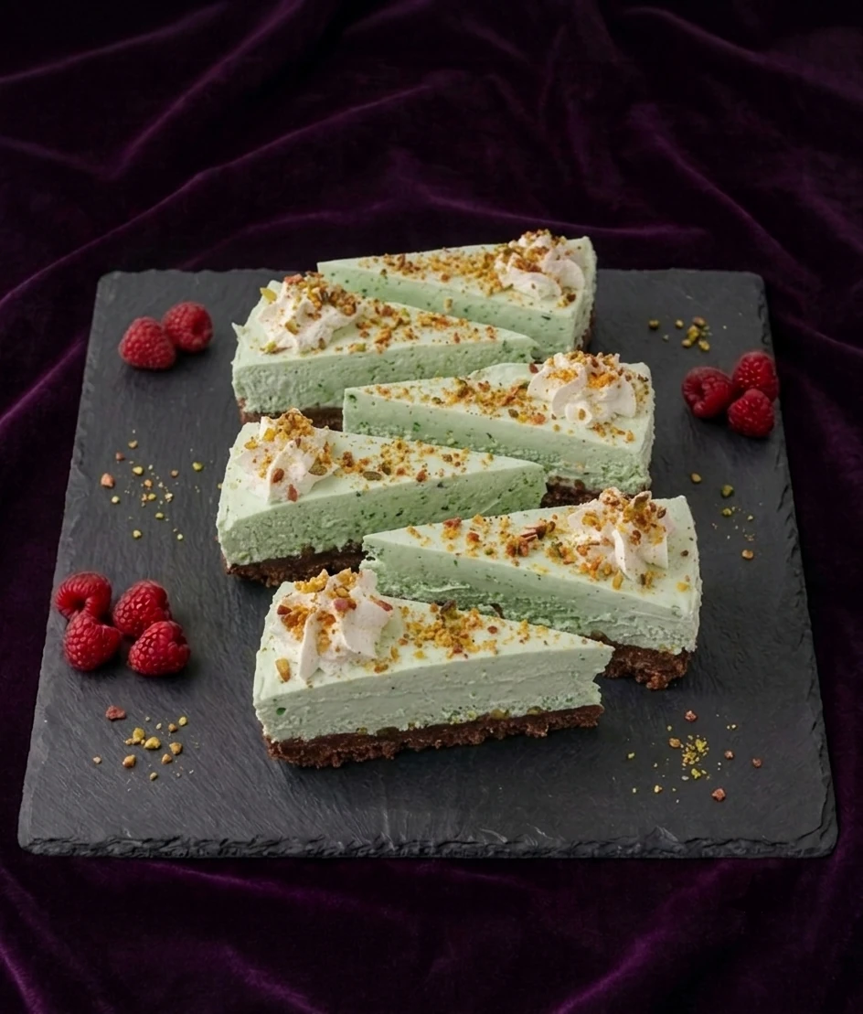 Cheesecake Pistácia — Sušienkový korpus, pistáciová mascarpone plnka, drvené pistácie navrchu