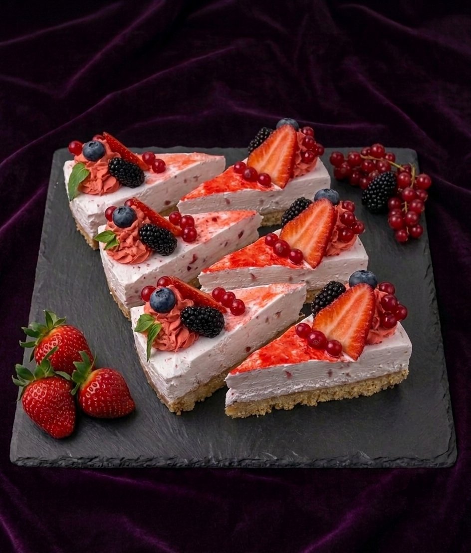Cheesecake Lesné Ovocie — Sušienkový korpus, mascarpone plnka s lesným ovocím, čerstvé ovocie navrchu